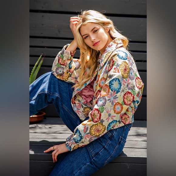 Retro Floral Jacquard Cropped Jacket - eesome - Picture 5 of 9